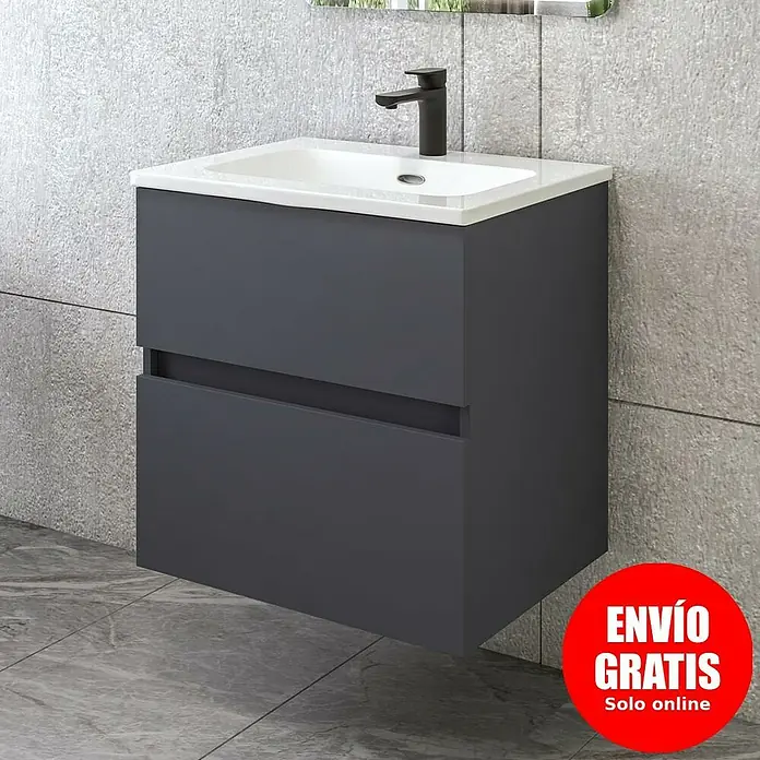 Disbain Conjunto de mueble de baño Kuntur - Ancho: 60 cm, Azul noche, Mate - Elegante mueble de baño con lavabo sobre encimera blanco y un armario en gris oscuro, ideal para baños modernos.