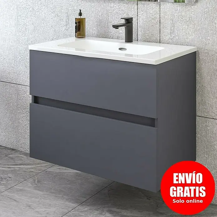 Disbain Conjunto de mueble de baño Kuntur - Ancho: 80 cm, Azul noche, Mate - Mueble de baño gris con lavabo y dos cajones, ideal para baños modernos.