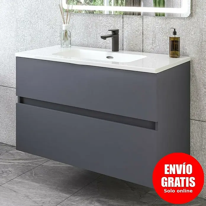 Disbain Conjunto de mueble de baño Kuntur - Ancho: 100 cm, Azul noche, Mate - Moderno mueble de baño gris con lavabo sobre encimera blanco y dos cajones, sobre una pared texturizada para un baño elegante.