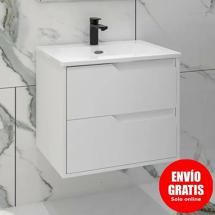 Disbain Conjunto de mueble de baño Casiopea - Ancho: 60 cm, Blanco mate, Mate - Mueble de baño moderno blanco con lavabo y dos cajones, perfecto para cualquier diseño de baño.