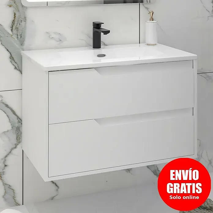 Disbain Conjunto de mueble de baño Casiopea - Ancho: 80 cm, Blanco mate, Mate - Un moderno mueble de baño blanco con dos cajones y un grifo elegante sobre un fondo de mármol.