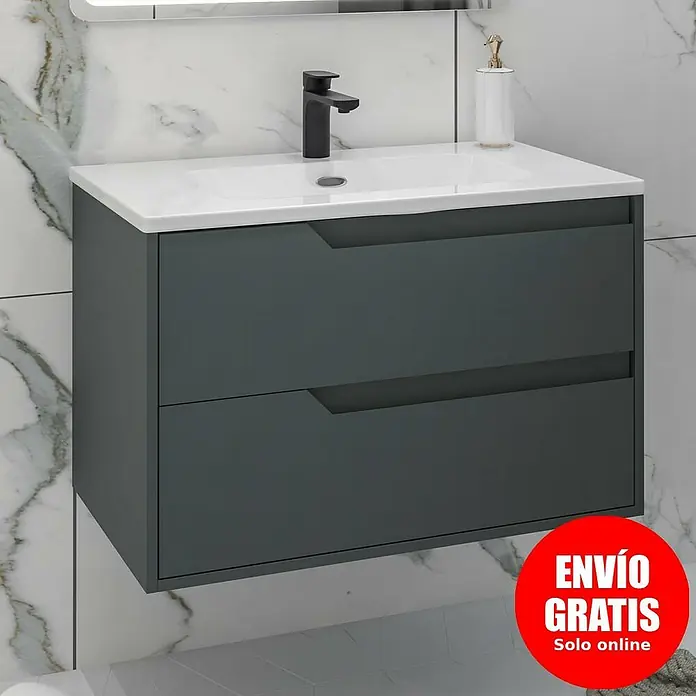 Disbain Conjunto de mueble de baño Casiopea - Ancho: 80 cm, Verde foresta, Mate - Moderno mueble de baño con lavabo y dos cajones en gris y blanco para un baño elegante.