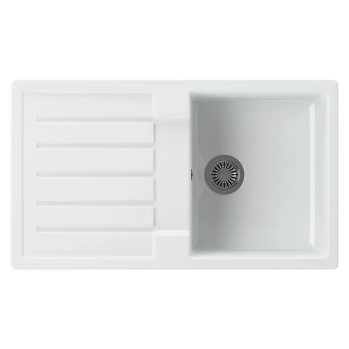 Atron Fregadero encastrable Munich - 49,6 x 85 cm, Material compuesto, Blanco - Vista detallada de un fregadero de cerámica blanca con escurridor y desagüe de acero inoxidable, ideal para la cocina moderna.