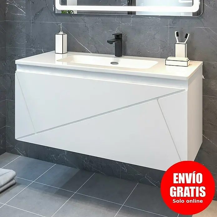 Disbain Conjunto de mueble de baño Lira - Ancho: 100 cm, Blanco, Mate, 2 pzs. - Baño moderno con mueble de lavabo blanco con frontal de diseño y lavabo sobre encimera.