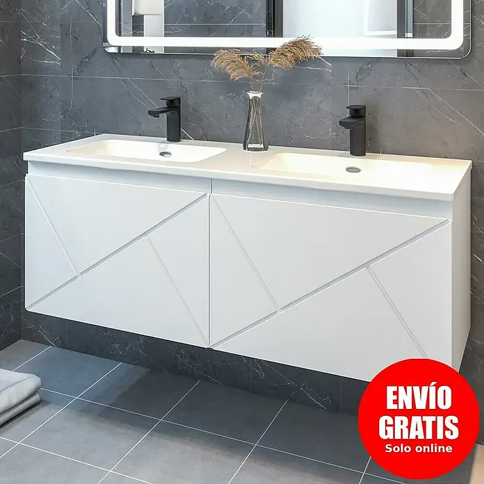 Disbain Conjunto de mueble de baño Lira - Ancho: 120 cm, Blanco, Mate, 2 pzs. - Elegante lavabo doble con armarios blancos en diseño de baño moderno. Muebles de baño con estilo para un ambiente lujoso.