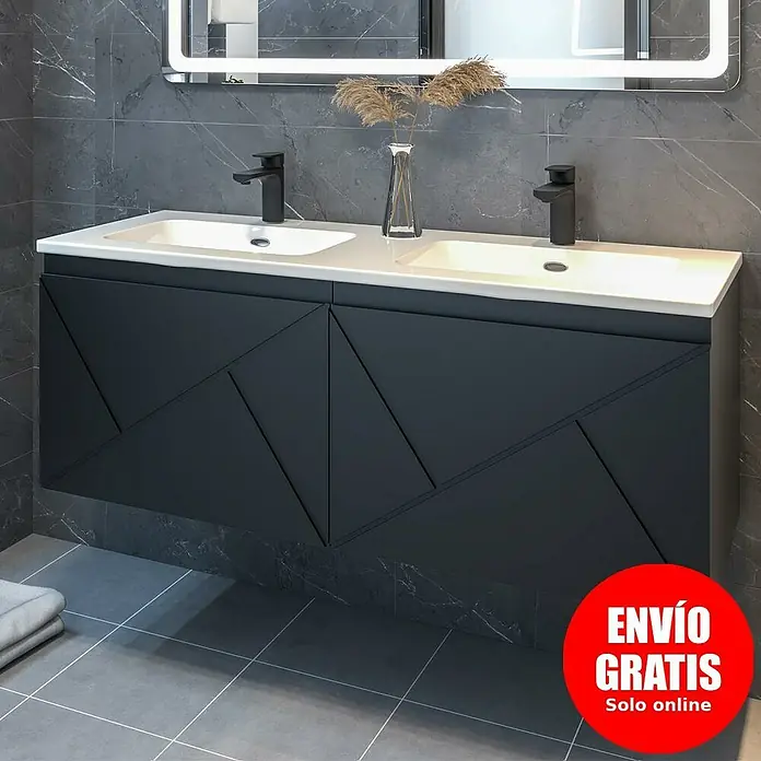 Disbain Conjunto de mueble de baño Lira - Ancho: 120 cm, Negro, Mate, 2 pzs. - Elegante lavabo doble con mueble de diseño moderno. Perfecto para un baño elegante con amplio espacio de almacenamiento.