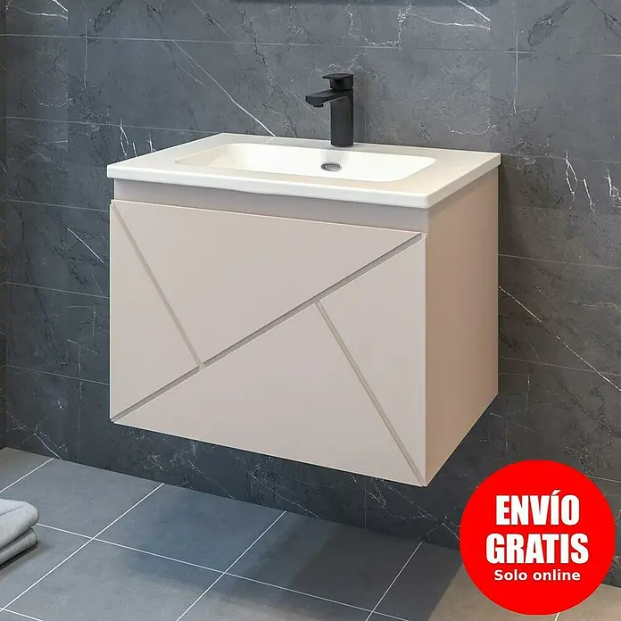 Disbain Conjunto de mueble de baño Lira - Ancho: 60 cm, Maquillaje, Mate, 2 pzs. - Moderno mueble de baño beige con diseño geométrico y grifo negro frente a una pared de mármol gris.