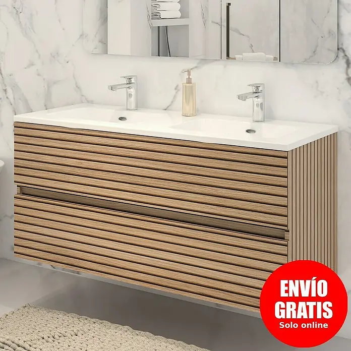 Disbain Conjunto de mueble de baño Vega - Ancho: 120 cm, Acacia, 2 pzs. - Un moderno mueble de baño con doble lavabo y diseño de textura de madera. La unidad proporciona un almacenamiento elegante y se integra perfectamente en el baño.