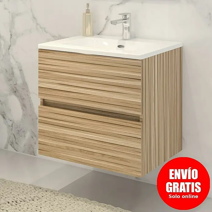 Disbain Conjunto de mueble de baño Vega - Ancho: 60 cm, Bambú, 2 pzs. - Mueble de lavabo flotante con dos cajones y un lavabo blanco para el baño moderno.