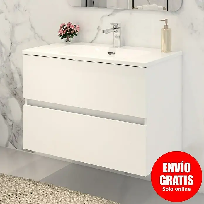 Disbain Conjunto de mueble de baño Vega - Ancho: 80 cm, Blanco, 2 pzs. - Elegante lavabo de baño con dos cajones en blanco. Diseño moderno para un baño con estilo y mucho espacio de almacenamiento.