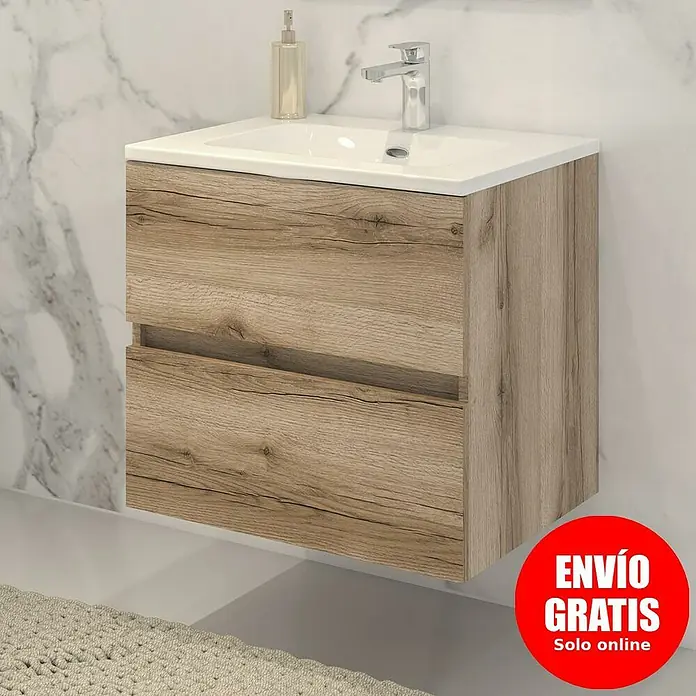 Disbain Conjunto de mueble de baño Vega - Ancho: 60 cm, Cognac, 2 pzs. - La imagen muestra un moderno mueble de baño con dos cajones y un lavabo sobre encimera. El mueble tiene un elegante acabado en madera.