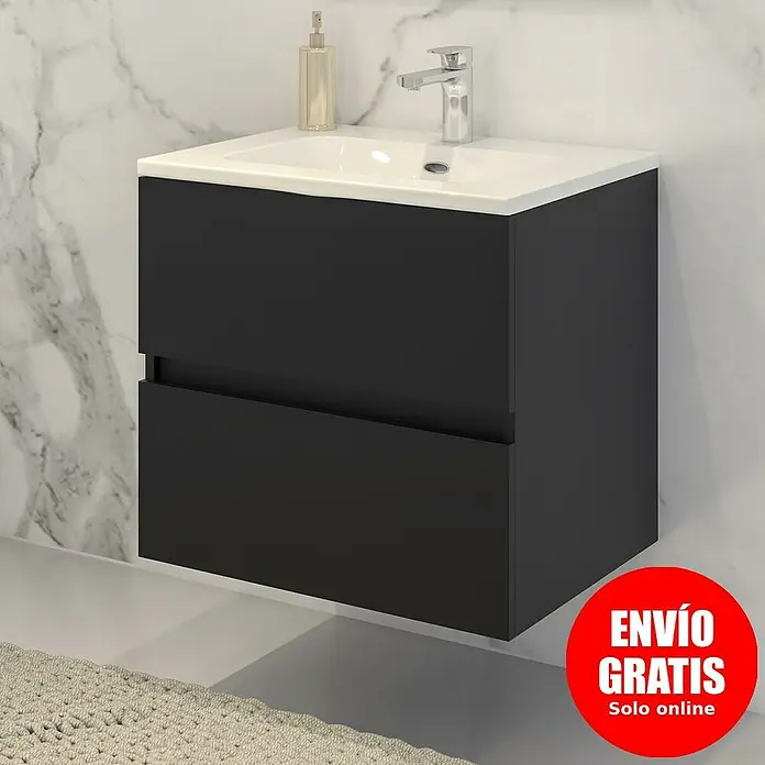 Disbain Conjunto de mueble de baño Vega - Ancho: 60 cm, Negro, 2 pzs. - Imagen de un moderno mueble de baño negro con dos cajones y un lavabo blanco. Incluye grifo y dispensador de jabón.
