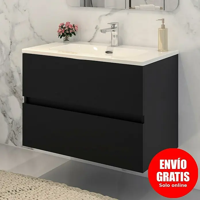 Disbain Conjunto de mueble de baño Vega - Ancho: 80 cm, Negro, 2 pzs. - Elegante lavabo suspendido con dos cajones en negro y una encimera blanca con grifo y decoración.
