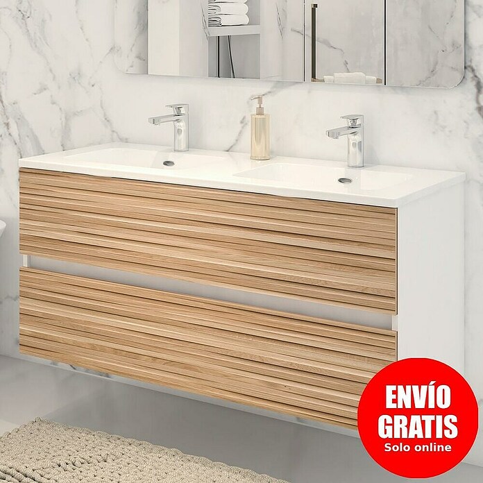 Disbain Conjunto de mueble de baño Vega (Ancho: 120 cm, Blanco/Bambú, 2 pzs.) | BAUHAUS