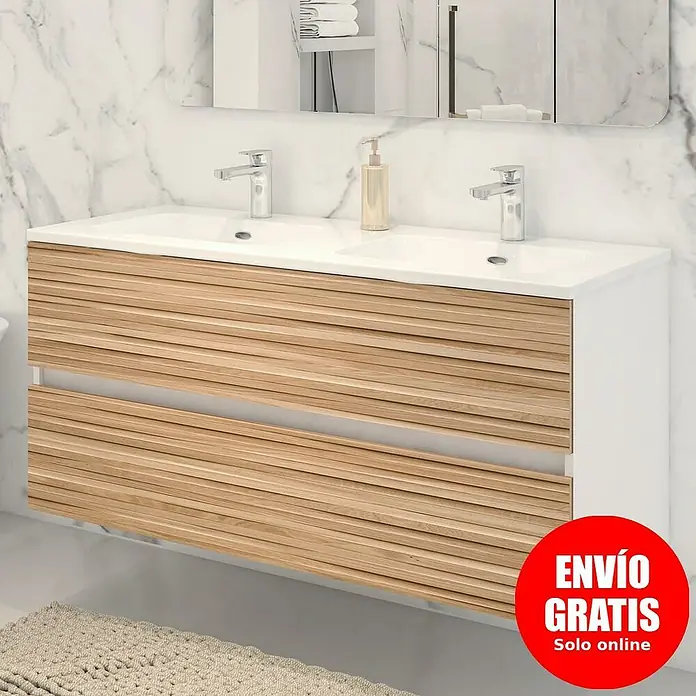 Disbain Conjunto de mueble de baño Vega - Ancho: 120 cm, Blanco/Bambú, 2 pzs. - Moderno baño con mueble de lavabo de madera con dos lavabos, perfecto para un diseño de baño elegante y funcional.