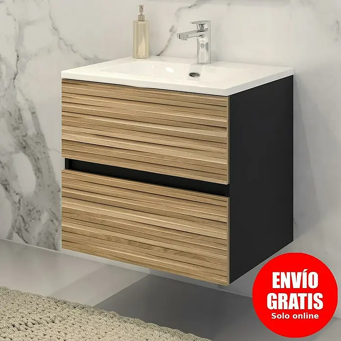 Disbain Conjunto de mueble de baño Vega - Ancho: 60 cm, Negro/Bambú, 2 pzs. - Lavabo moderno con mueble de madera y paneles laterales negros. Incluye grifo y dispensador de jabón.