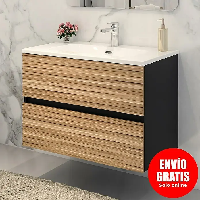 Disbain Conjunto de mueble de baño Vega - Ancho: 80 cm, Negro/Bambú, 2 pzs. - Mueble de baño moderno con textura de madera y dos cajones. Diseño elegante para cualquier baño.