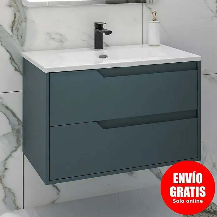Disbain Conjunto de mueble de baño Casiopea - Ancho: 80 cm, Azul Manhattan, Mate - Mueble de baño moderno con unidad de tocador azul y un lavabo blanco, ideal para un baño con estilo.
