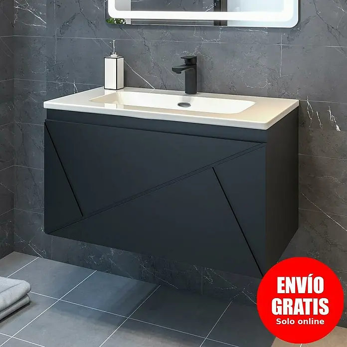 Disbain Conjunto de mueble de baño Lira - Ancho: 80 cm, Negro, Mate, 2 pzs. - Elegante lavabo de baño con diseño moderno y aspecto flotante. Perfecto para baños elegantes con azulejos de mármol grises.