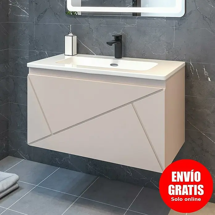 Disbain Conjunto de mueble de baño Lira - Ancho: 80 cm, Maquillaje, Mate, 2 pzs. - Mueble de baño moderno con diseño geométrico y grifo negro. Mueble de baño elegante para un ambiente sofisticado.