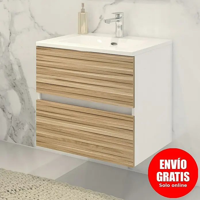 Disbain Conjunto de mueble de baño Vega - Ancho: 60 cm, Blanco/Bambú, 2 pzs. - Lavabo de baño moderno con dos cajones con aspecto de madera y estructura blanca. Un mueble sencillo y elegante.