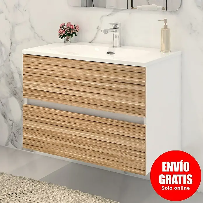 Disbain Conjunto de mueble de baño Vega - Ancho: 80 cm, Blanco/Bambú, 2 pzs. - Un moderno mueble de baño con dos cajones y un lavabo blanco. El mueble ideal para cualquier baño.