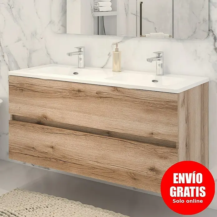 Disbain Conjunto de mueble de baño Vega - Ancho: 120 cm, Cognac, 2 pzs. - Mueble de baño moderno con dos cajones y lavabo sobre encimera blanco, ideal para baños elegantes.