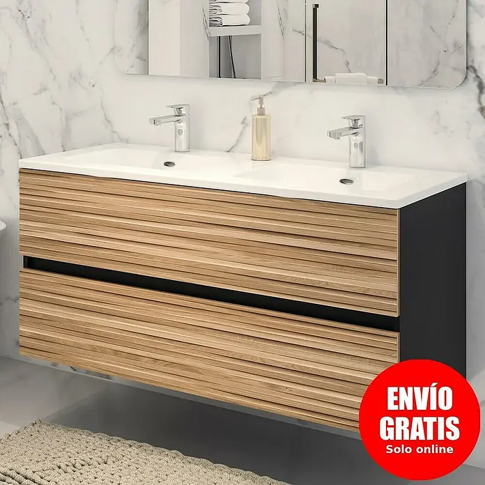 Disbain Conjunto de mueble de baño Vega - Ancho: 120 cm, Negro/Bambú, 2 pzs. - Un moderno mueble de baño con dos cajones y un lavabo doble en un elegante ambiente de baño.
