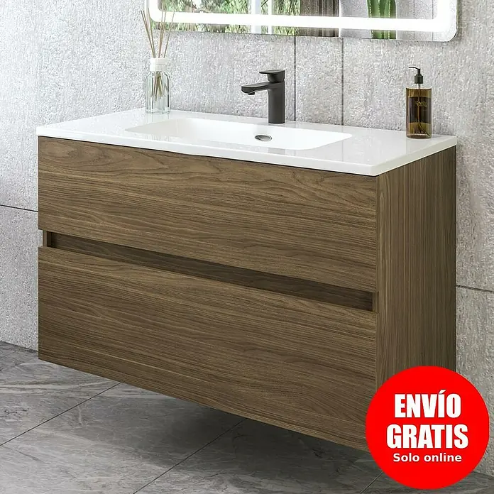 Disbain Conjunto de mueble de baño Kuntur - Ancho: 100 cm, Nogal italiano, Mate - Mueble de baño moderno con cajones y lavabo blanco, perfecto para añadir estilo y funcionalidad a tu baño.