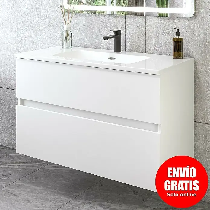Disbain Conjunto de mueble de baño Kuntur - Ancho: 100 cm, Blanco, Mate - Conjunto moderno de mueble de lavabo blanco con un diseño elegante. Ideal para cualquier baño.