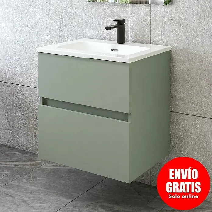 Disbain Conjunto de mueble de baño Kuntur - Ancho: 60 cm, Verde té, Mate - Lavabo moderno con mueble de baño verde. El diseño sencillo se adapta perfectamente a cualquier baño y ofrece espacio de almacenamiento práctico.
