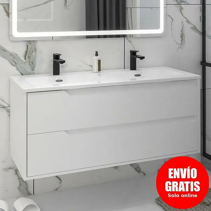 Disbain Conjunto de mueble de baño Casiopea - Ancho: 120 cm, Blanco mate, Mate - Elegante lavabo doble con elegantes grifos negros y amplios cajones. Diseño moderno para un baño con espejo LED.
