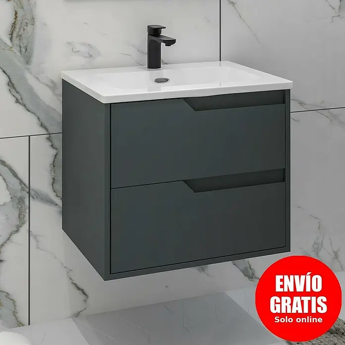 Disbain Conjunto de mueble de baño Casiopea - Ancho: 60 cm, Verde foresta, Mate - Mueble de lavabo gris con dos cajones y lavabo blanco con grifo negro delante de pared de mármol.