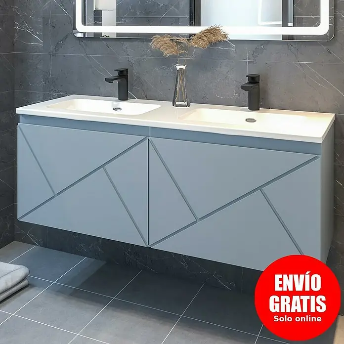 Disbain Conjunto de mueble de baño Lira - Ancho: 120 cm, Azul Soho, Mate, 2 pzs. - Mueble de baño moderno con dos lavabos y un diseño geométrico llamativo. Ideal para baños elegantes.