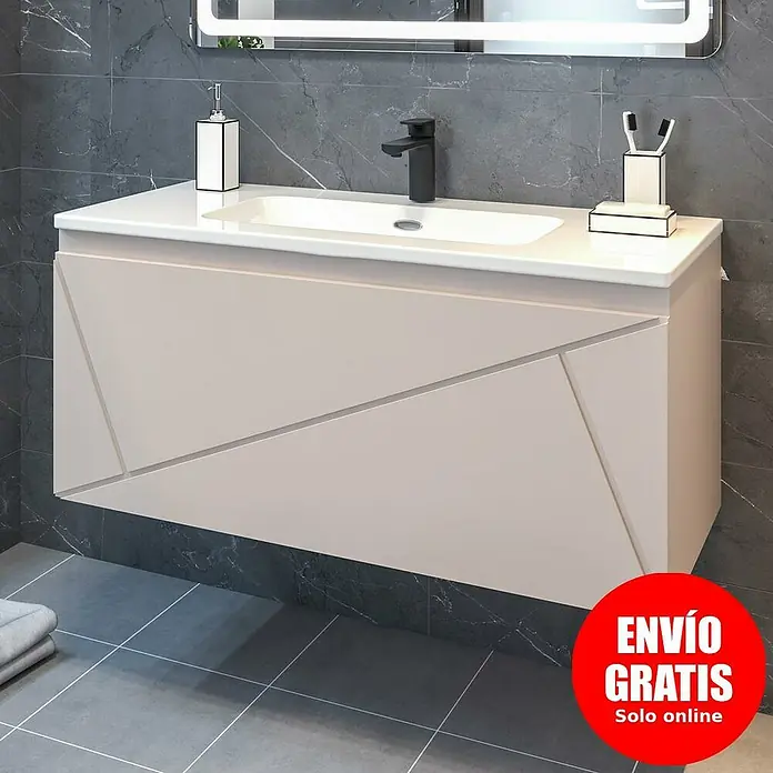 Disbain Conjunto de mueble de baño Lira - Ancho: 100 cm, Maquillaje, Mate, 2 pzs. - Aquí hay un mueble de baño beige con un lavabo blanco, grifo negro y accesorios exhibidos en una superficie alicatada.