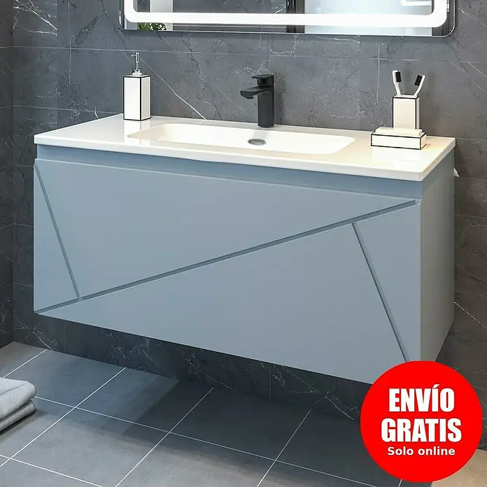 Disbain Conjunto de mueble de baño Lira - Ancho: 100 cm, Azul Soho, Mate, 2 pzs. - Baño moderno con mueble de lavabo azul de diseño geométrico, encimera blanca y grifo negro.