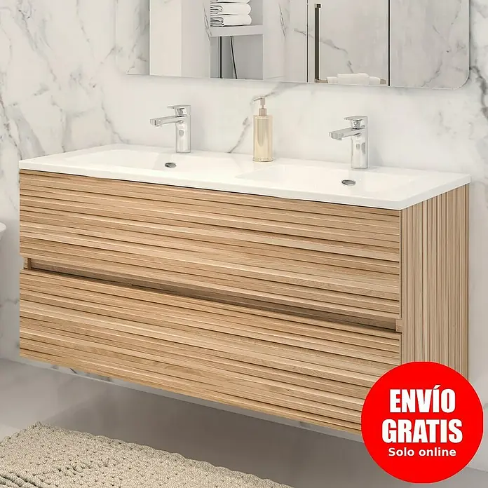 Disbain Conjunto de mueble de baño Vega - Ancho: 120 cm, Bambú, 2 pzs. - Un moderno mueble de baño con dos cajones y doble lavabo. El mueble tiene un aspecto de madera clara y una encimera blanca.