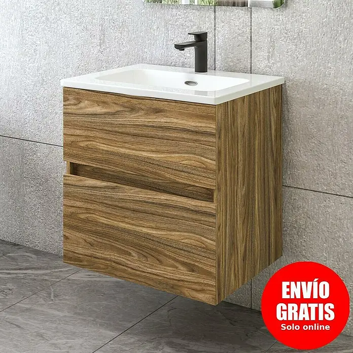 Disbain Conjunto de mueble de baño Kuntur - Ancho: 60 cm, Palisandro, Mate - Primer plano de un moderno mueble de baño con lavabo y dos cajones. El diseño de madera del mueble es muy atractivo.