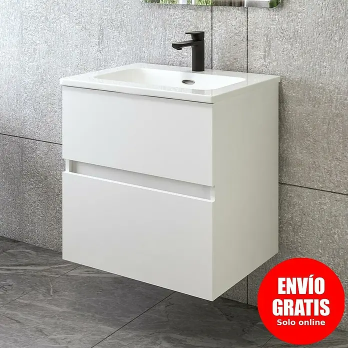 Disbain Conjunto de mueble de baño Kuntur - Ancho: 60 cm, Blanco, Mate - Un moderno mueble de baño blanco con dos cajones y un lavabo encastrado. Ideal para cualquier baño.