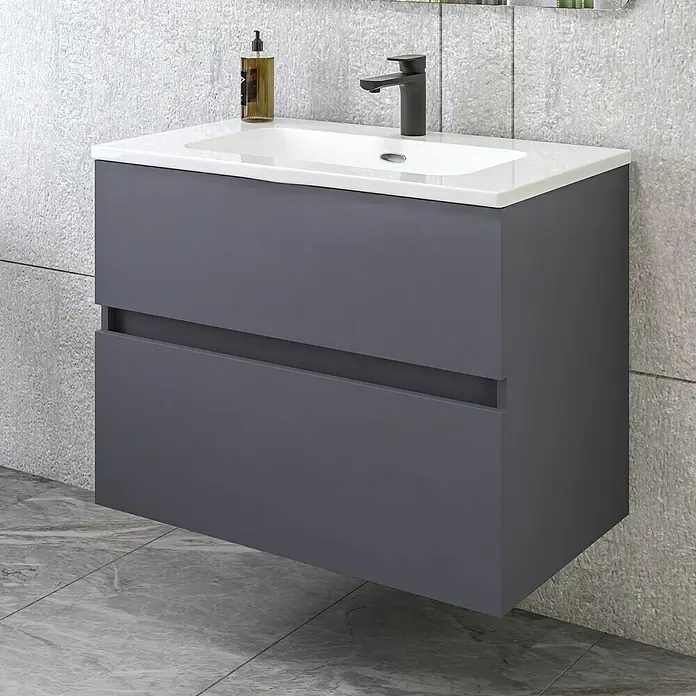 Disbain Conjunto de mueble de baño Kuntur - Ancho: 80 cm, Azul noche, Mate - Mueble de baño gris con lavabo blanco y grifo. Mueble de baño de estilo moderno con dos cajones para almacenaje.