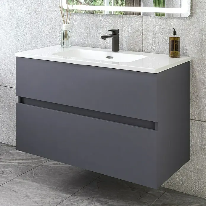 Disbain Conjunto de mueble de baño Kuntur - Ancho: 100 cm, Azul noche, Mate - Un tocador gris moderno con dos cajones y un lavabo sobre encimera blanco. Perfecto para cualquier baño.
