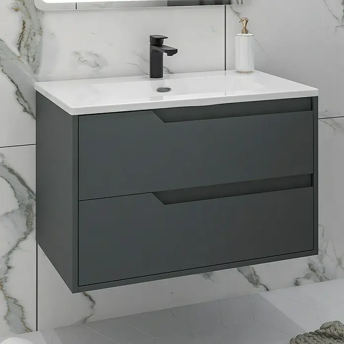 Disbain Conjunto de mueble de baño Casiopea - Ancho: 80 cm, Verde foresta, Mate - Mueble de lavabo gris con dos cajones y lavabo blanco. Un atractivo moderno para cualquier baño.