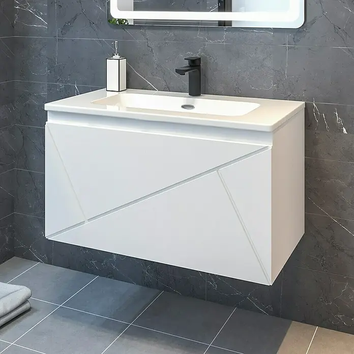 Disbain Conjunto de mueble de baño Lira - Ancho: 80 cm, Blanco, Mate, 2 pzs. - El moderno lavabo de baño blanco con el grifo negro añade un toque de estilo a tu baño.