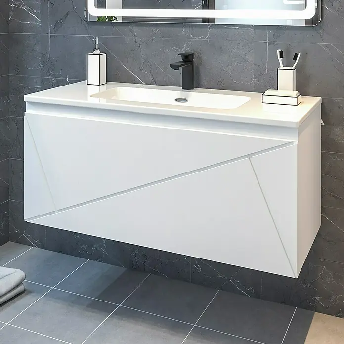 Disbain Conjunto de mueble de baño Lira - Ancho: 100 cm, Blanco, Mate, 2 pzs. - Un lavabo blanco moderno con un mueble con diseño geométrico y grifo negro.