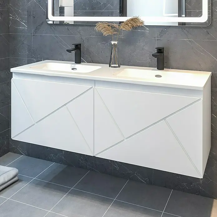 Disbain Conjunto de mueble de baño Lira - Ancho: 120 cm, Blanco, Mate, 2 pzs. - Lavabo de baño moderno con elegante mueble blanco y grifería negra, ideal para un ambiente de baño elegante.
