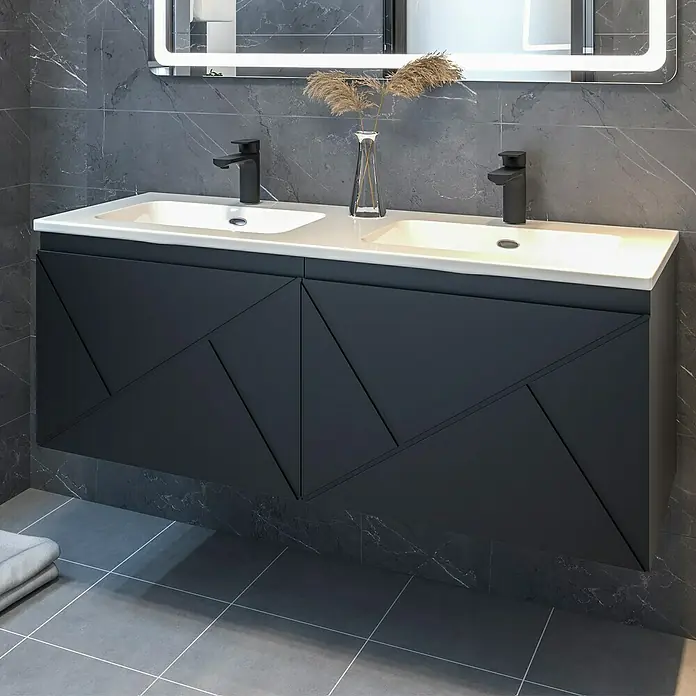 Disbain Conjunto de mueble de baño Lira - Ancho: 120 cm, Negro, Mate, 2 pzs. - Moderno lavabo de baño con mueble en diseño oscuro y lavabo doble.