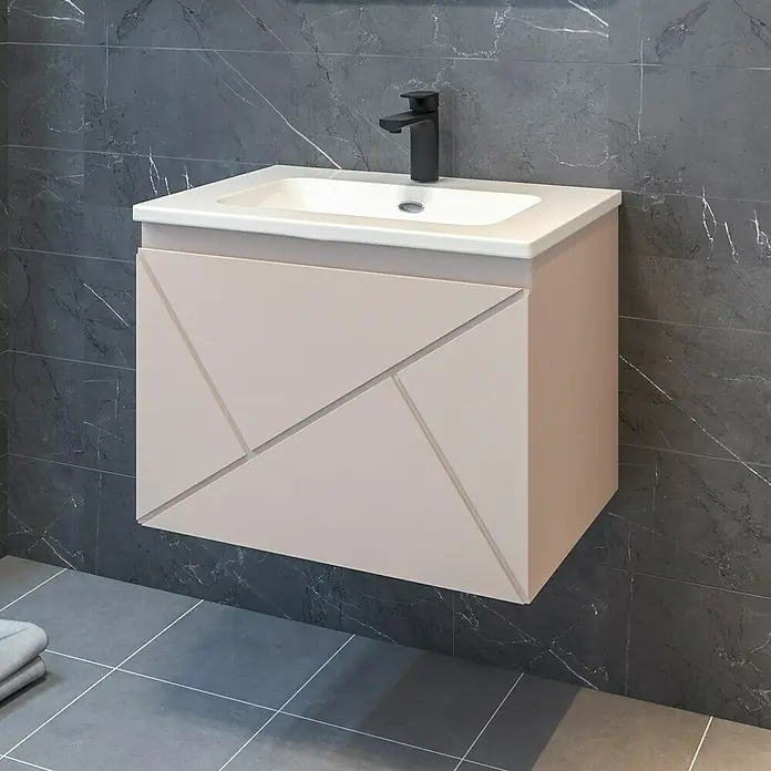 Disbain Conjunto de mueble de baño Lira - Ancho: 60 cm, Maquillaje, Mate, 2 pzs. - Mueble de baño moderno con armario beige y lavabo de cerámica blanca, ideal para un baño elegante y funcional.