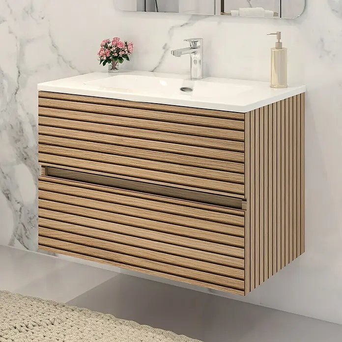 Disbain Conjunto de mueble de baño Vega - Ancho: 80 cm, Acacia, 2 pzs. - Un moderno mueble de baño con lavabo. El diseño de madera con listones horizontales añade un toque elegante y ofrece almacenamiento.