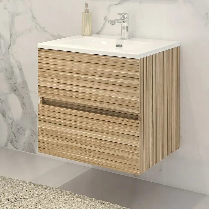 Disbain Conjunto de mueble de baño Vega - Ancho: 60 cm, Bambú, 2 pzs. - Imagen de un moderno mueble de baño con dos cajones y un lavabo sobre encimera blanco en el baño.