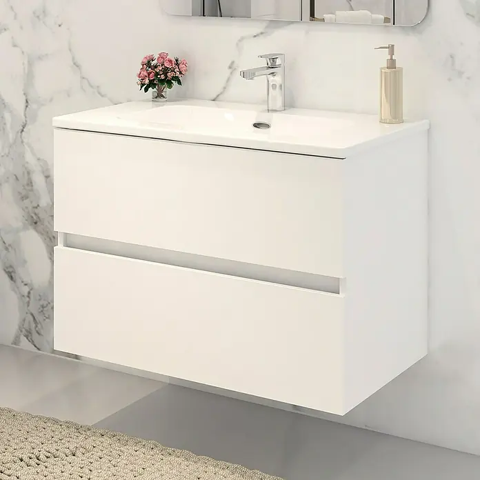 Disbain Conjunto de mueble de baño Vega - Ancho: 80 cm, Blanco, 2 pzs. - Un moderno mueble de baño blanco con dos cajones está montado en una pared de mármol, proporcionando un elegante almacenamiento.
